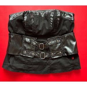 Vintage Y2k Tripp NYC Black Faux Leather Buckles Stud Stretch Cotton Corset Sz 0